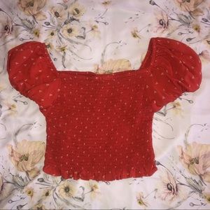 orange puff sleeve smocked top